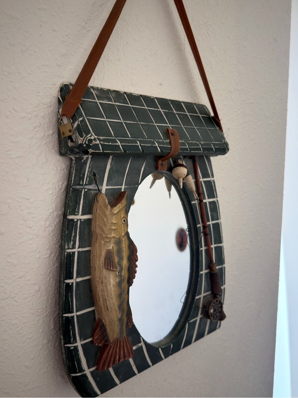 RARE Vintage Fish Tote Wall Mirror - Green and Brown Decorative Accent